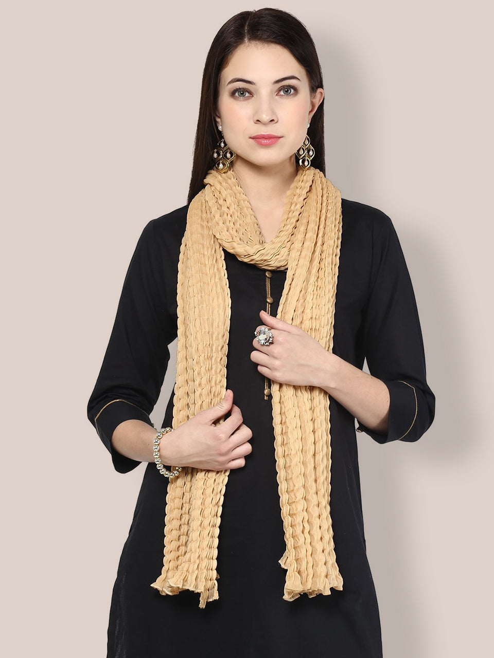 Beige Crinkled Chiffon Dupatta freeshipping - Dupatta Bazaar