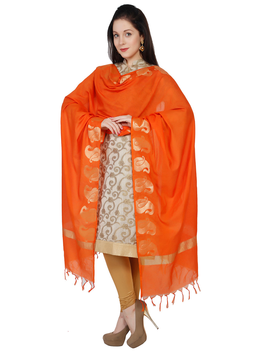 Dupatta Bazaar Women's Orange & Gold Silk Dupatta - Dupatta Bazaar