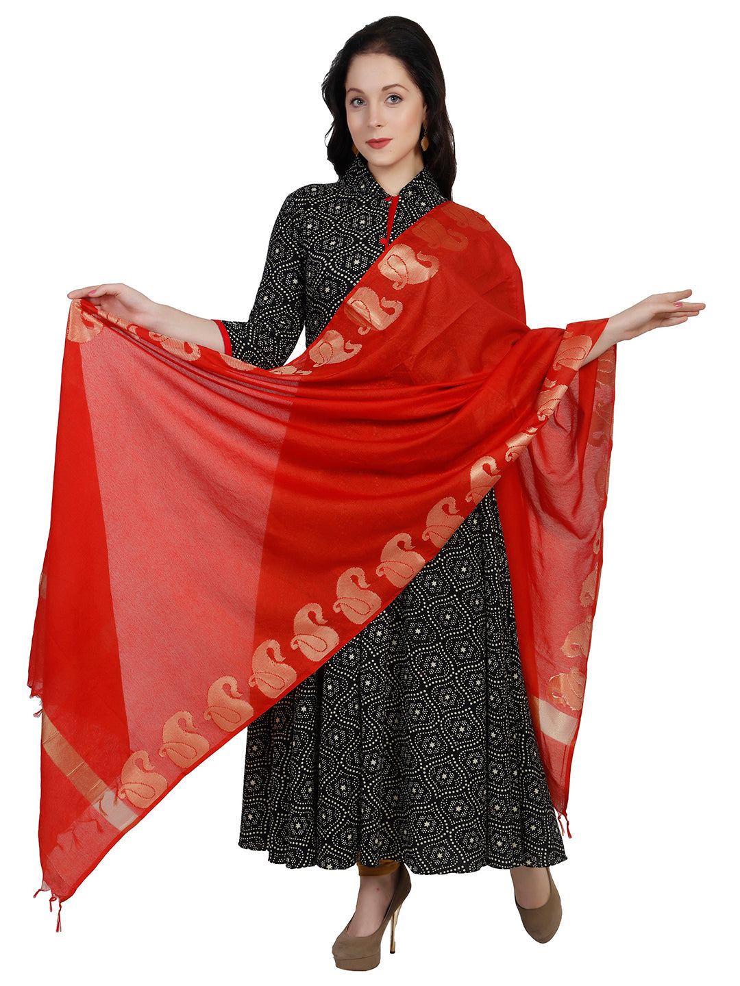 Dupatta Bazaar Women's Red & Gold Silk Dupatta - Dupatta Bazaar