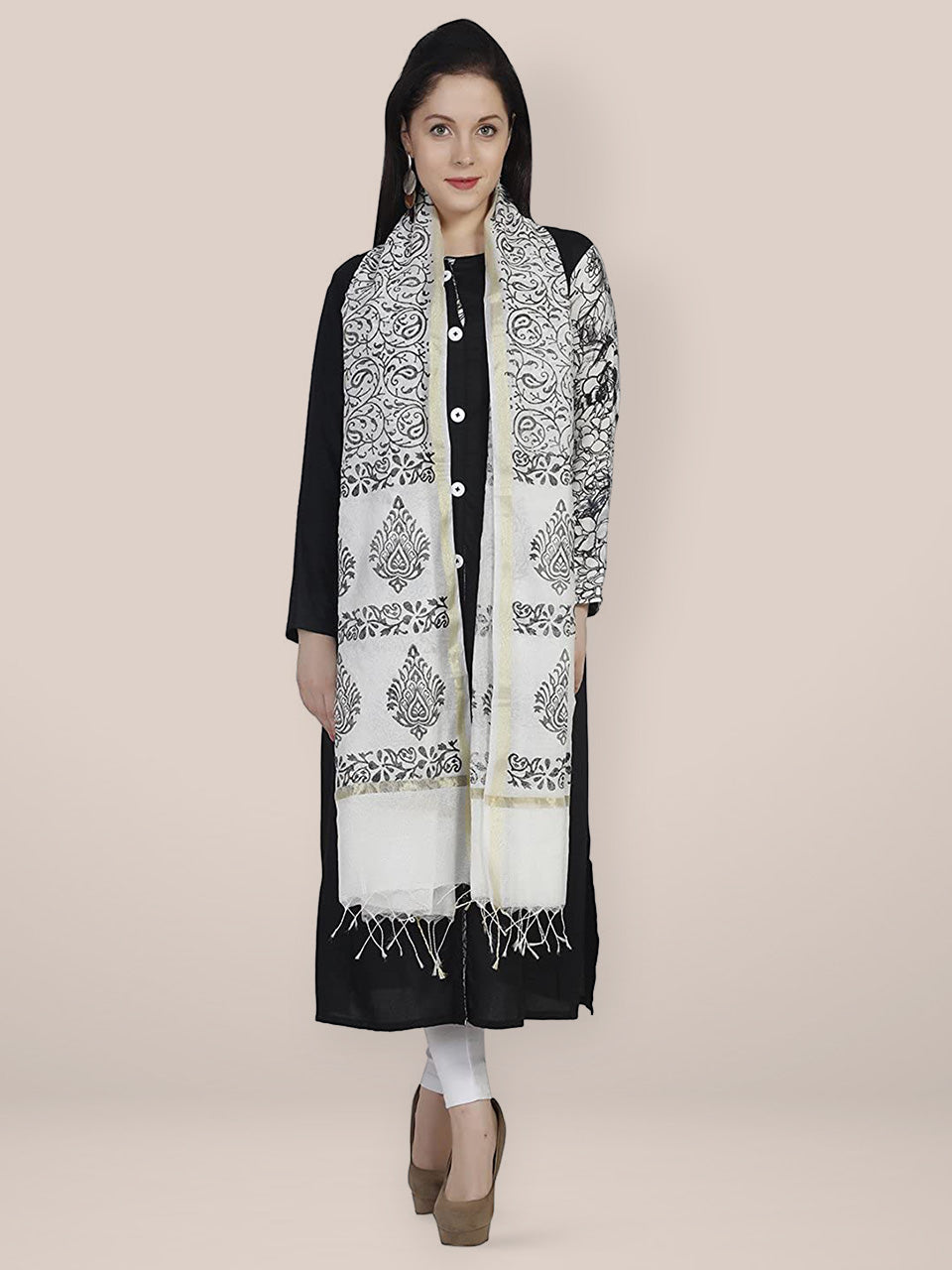 Black and White Printed Silk Dupatta freeshipping - Dupatta Bazaar