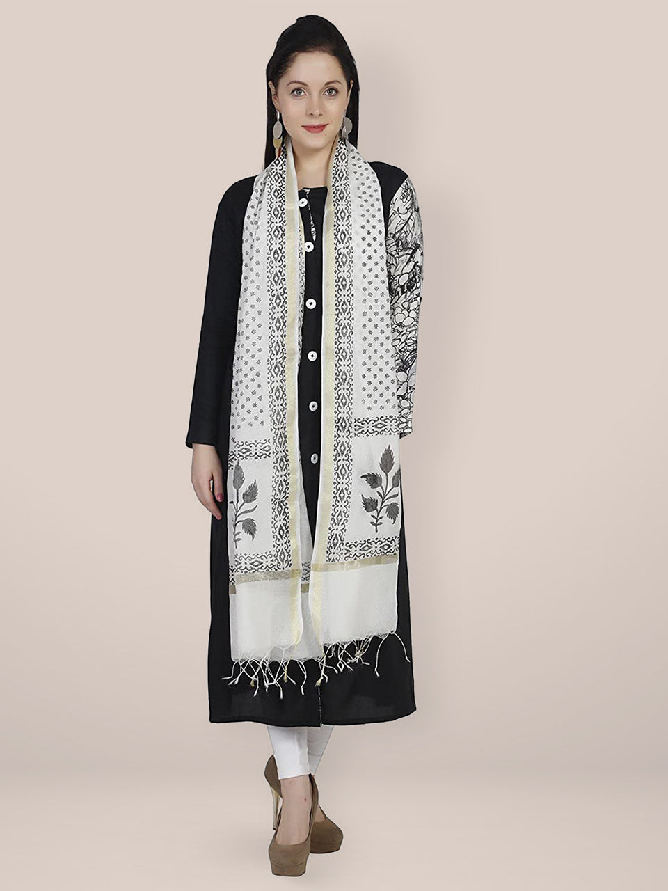 Black & White Cotton Silk Printed Dupatta freeshipping - Dupatta Bazaar