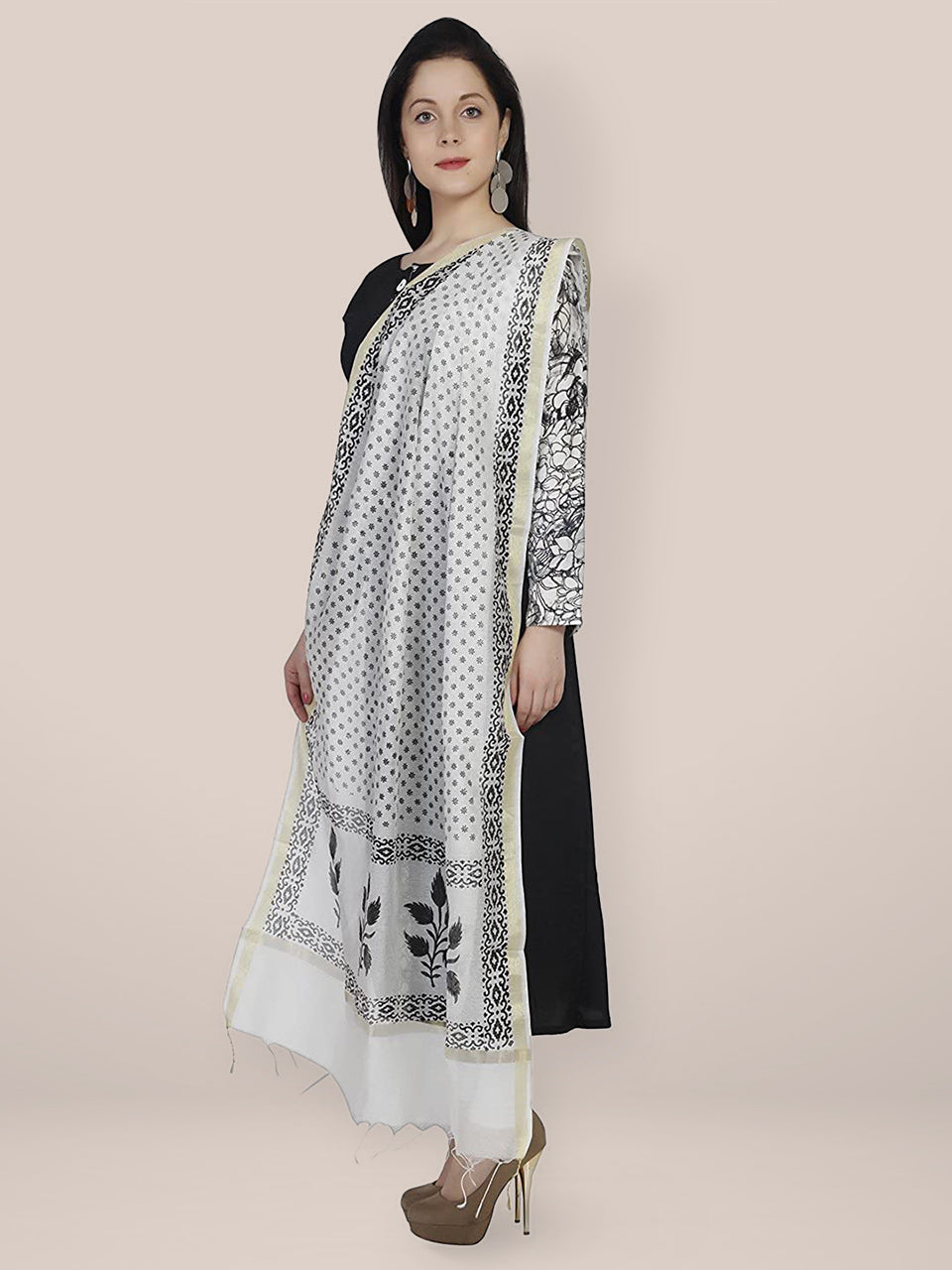 Black & White Cotton Silk Printed Dupatta freeshipping - Dupatta Bazaar