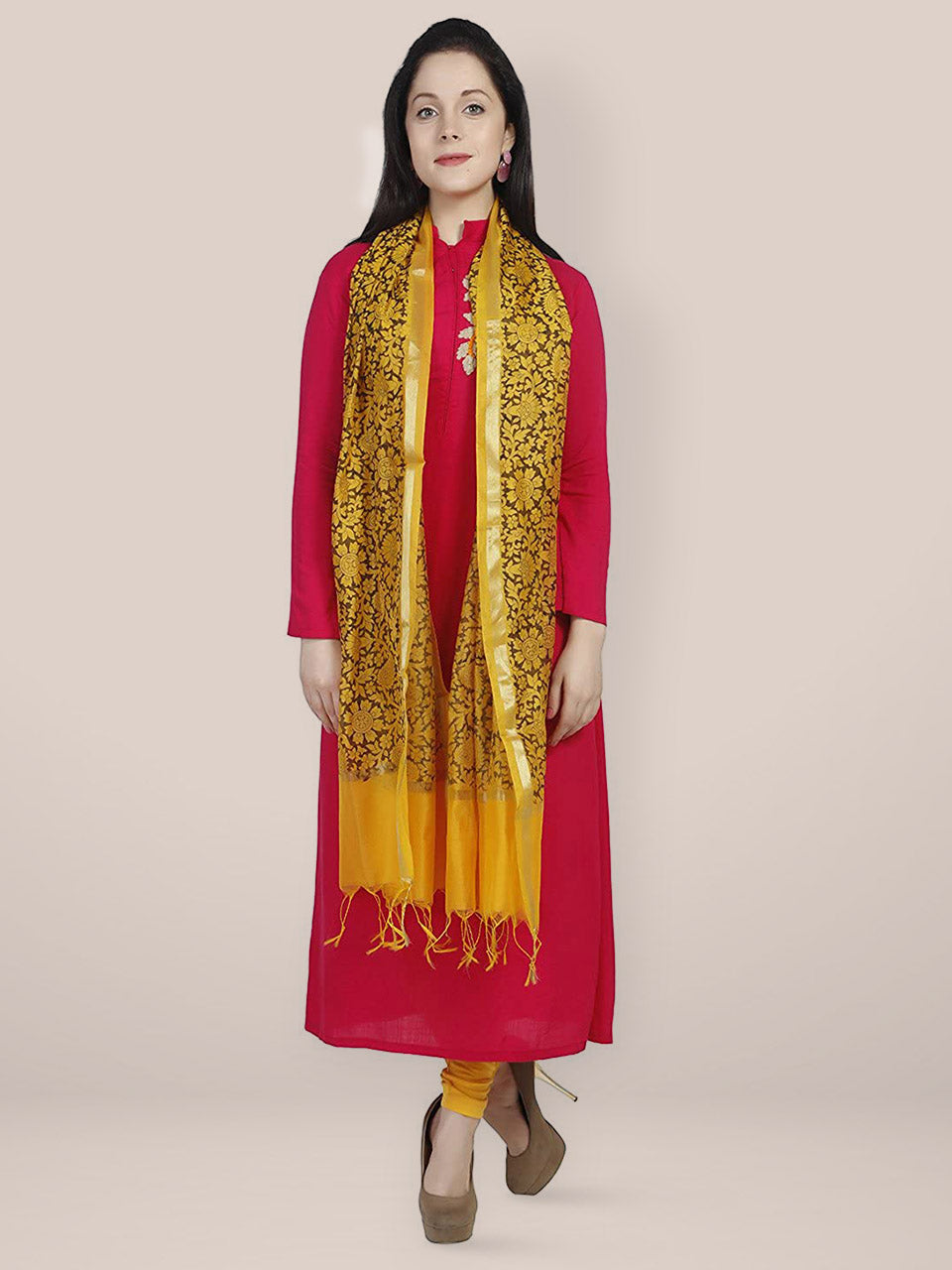 Yellow & Black Cotton Silk Printed Dupatta freeshipping - Dupatta Bazaar