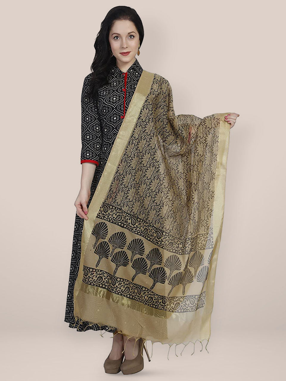 Gold & Black Cotton Silk Printed Dupatta freeshipping - Dupatta Bazaar