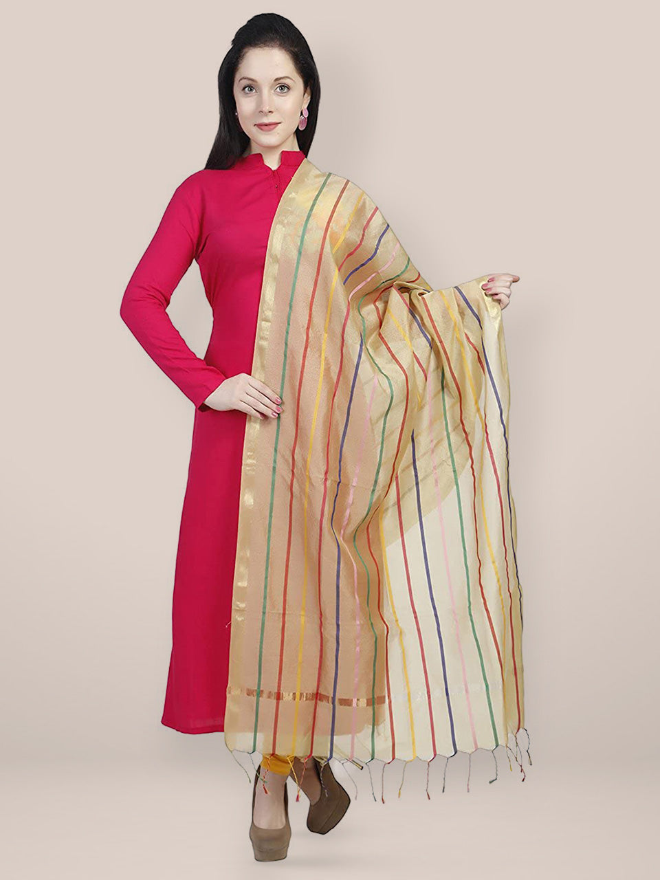 Beige & Multicoloured Striped Cotton Silk Dupatta freeshipping - Dupatta Bazaar