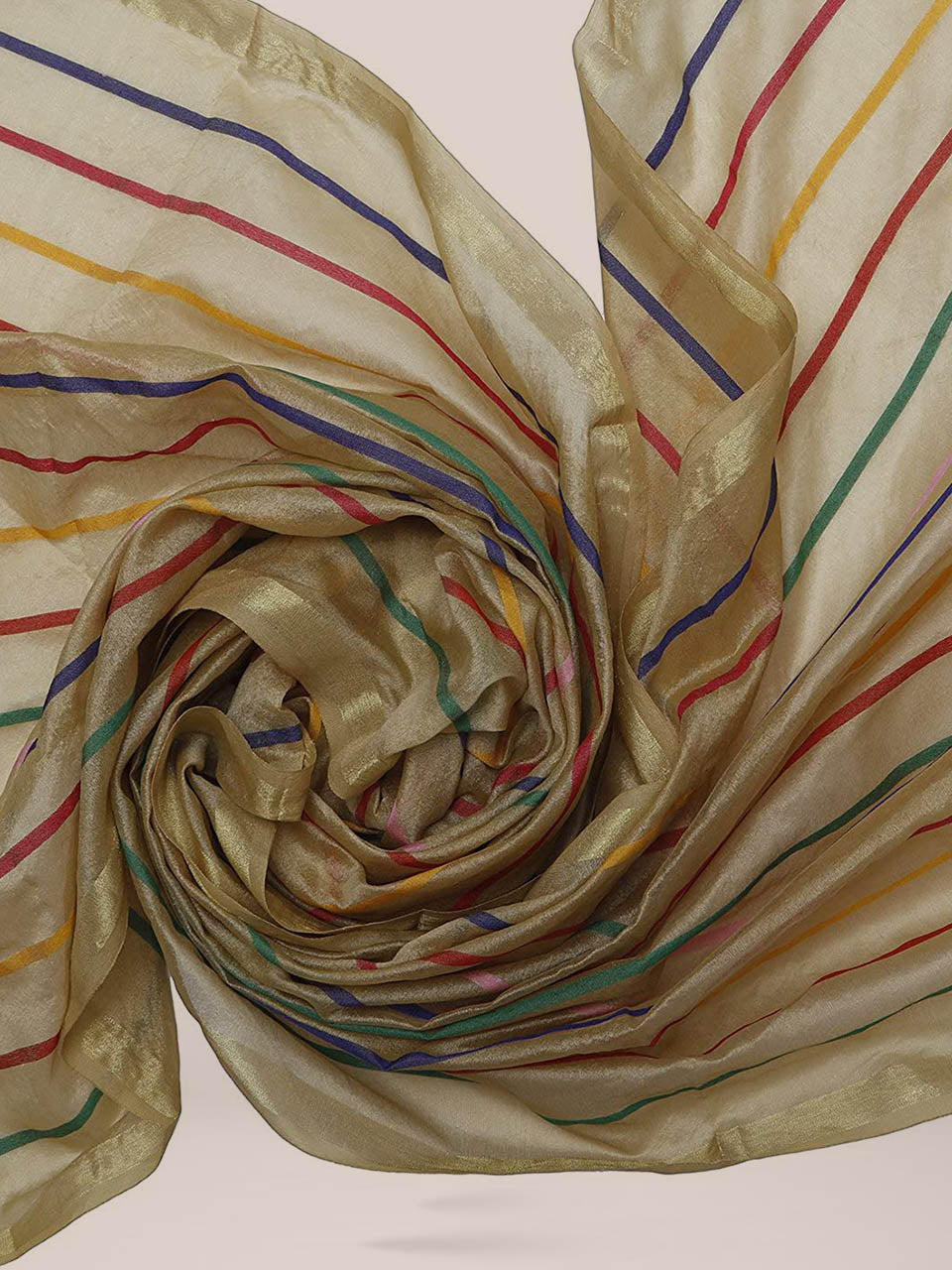 Beige & Multicoloured Striped Cotton Silk Dupatta freeshipping - Dupatta Bazaar
