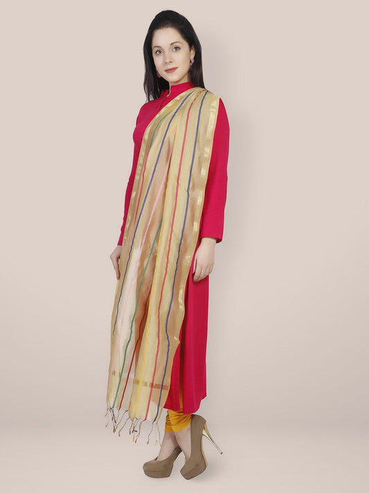 Beige & Multicoloured Striped Cotton Silk Dupatta freeshipping - Dupatta Bazaar