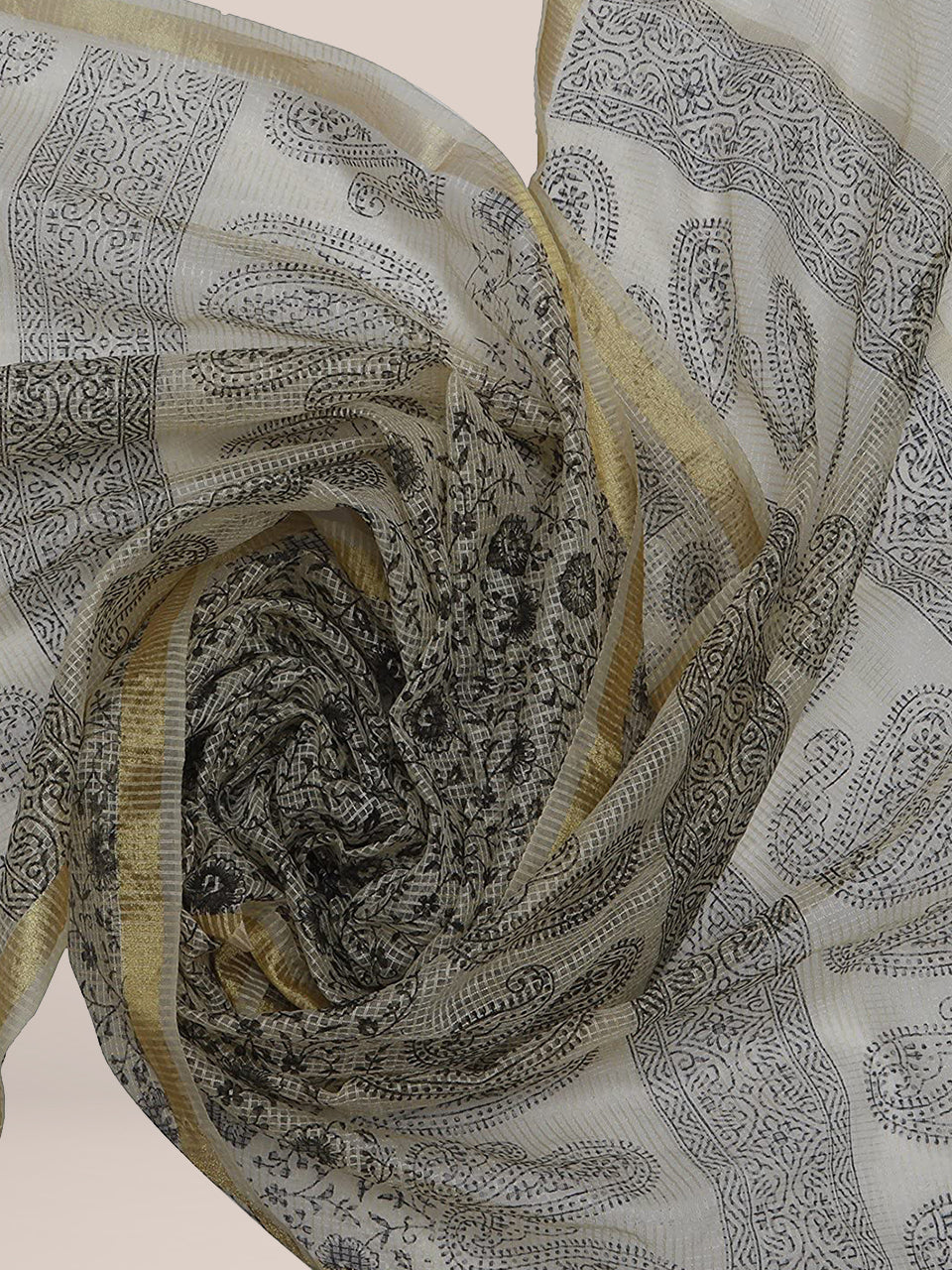 Beige Cotton Silk Printed Dupatta freeshipping - Dupatta Bazaar