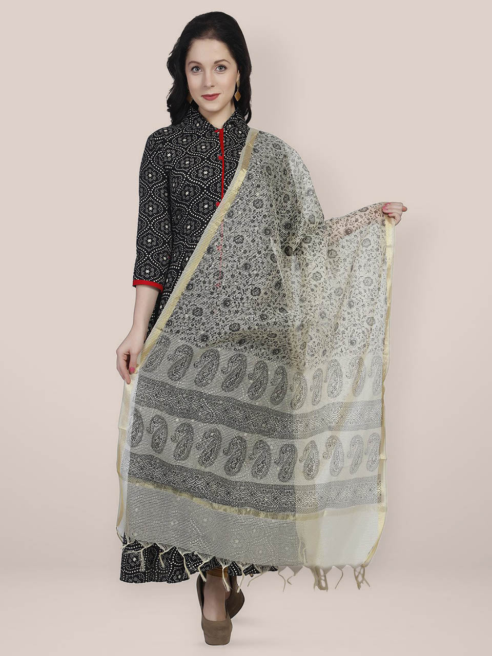 Beige Cotton Silk Printed Dupatta freeshipping - Dupatta Bazaar