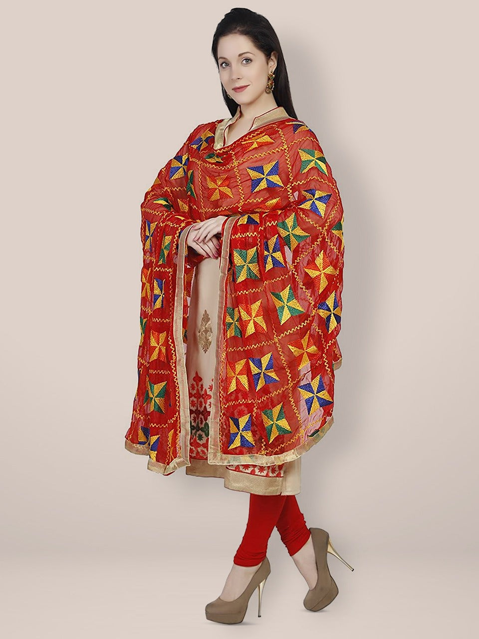 Red and Multicolour Chiffon Phulkari Dupatta freeshipping - Dupatta Bazaar