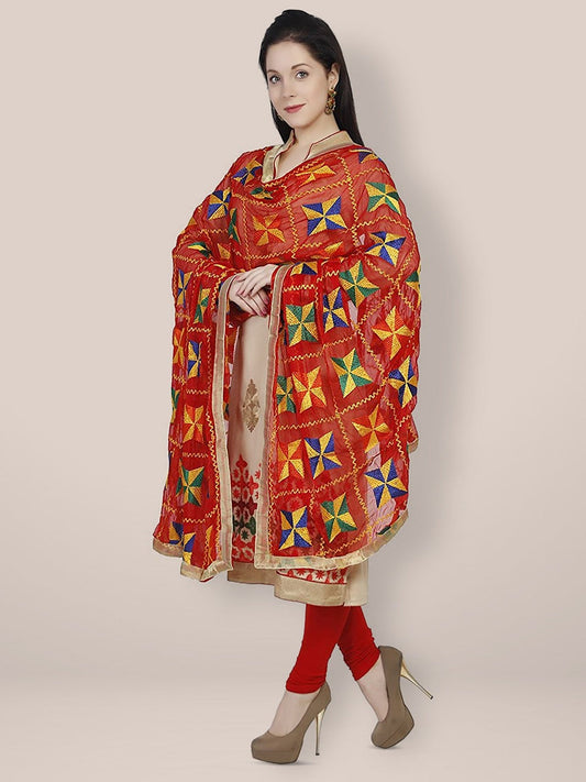 Red and Multicolour Chiffon Phulkari Dupatta freeshipping - Dupatta Bazaar