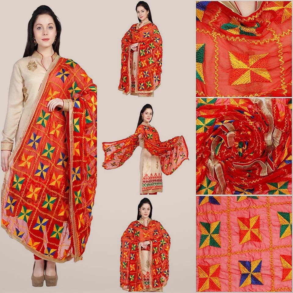 Red and Multicolour Chiffon Phulkari Dupatta freeshipping - Dupatta Bazaar