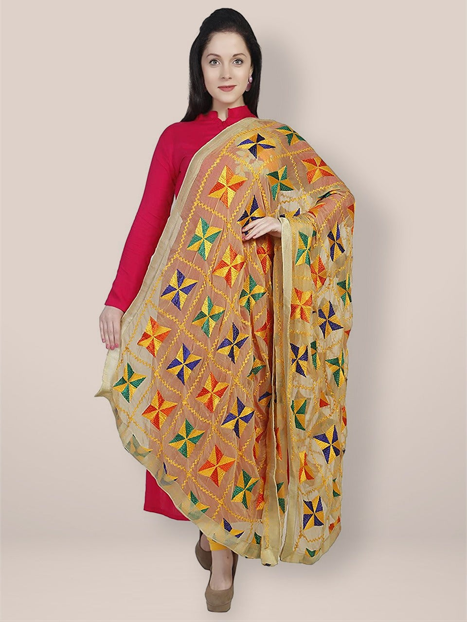 Beige Phulkari Chiffon Dupatta freeshipping - Dupatta Bazaar