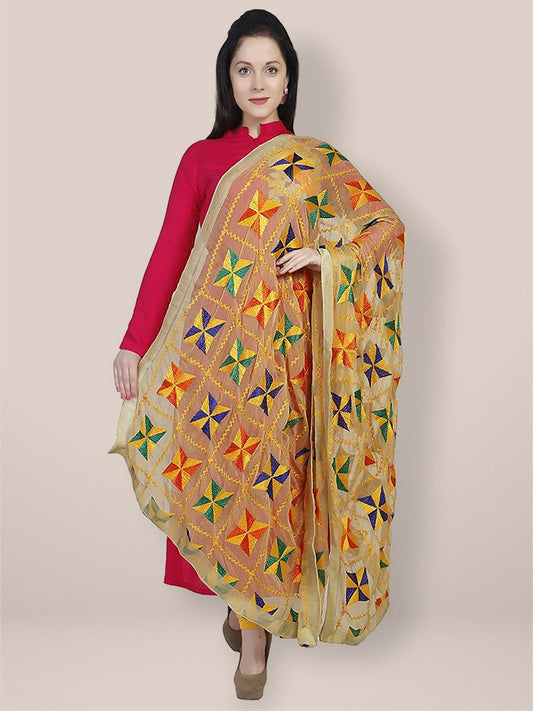 Beige Phulkari Chiffon Dupatta freeshipping - Dupatta Bazaar