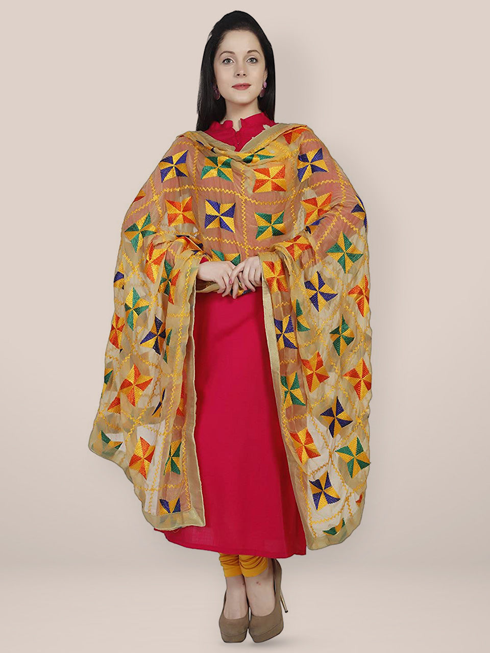 Beige Phulkari Chiffon Dupatta freeshipping - Dupatta Bazaar