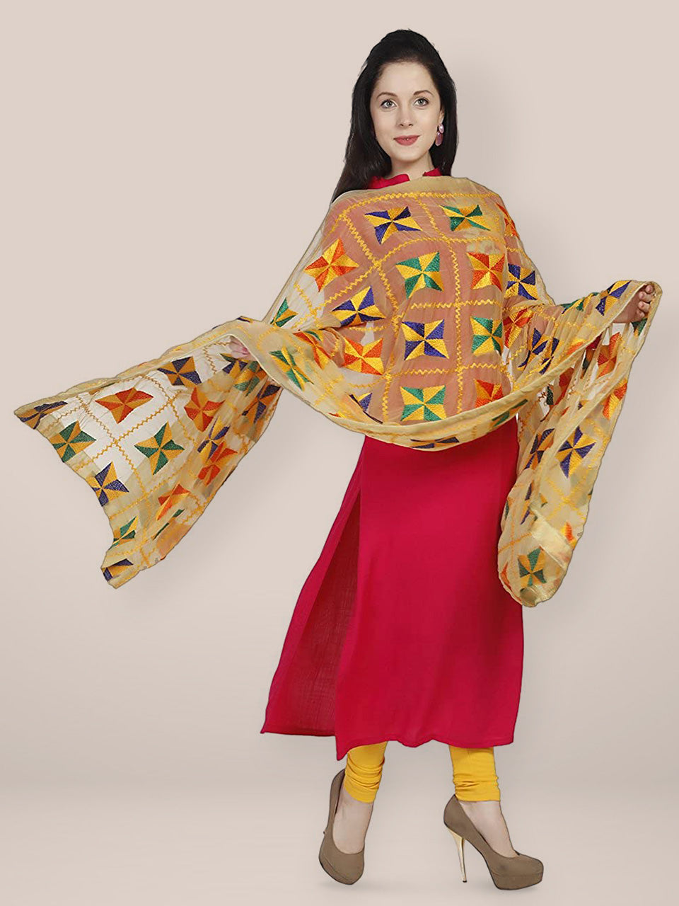 Beige Phulkari Chiffon Dupatta freeshipping - Dupatta Bazaar