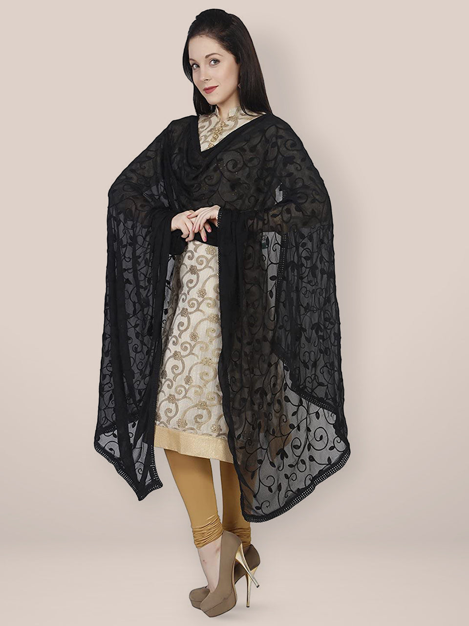 Black Chiffon Embroidered Dupatta freeshipping - Dupatta Bazaar