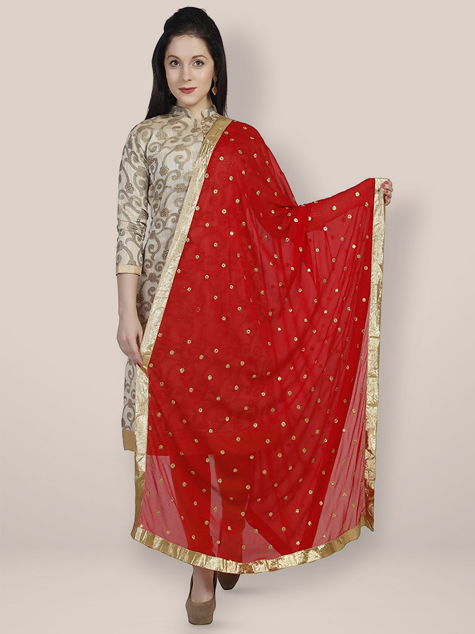 Red Embroidered Chiffon Dupatta freeshipping - Dupatta Bazaar