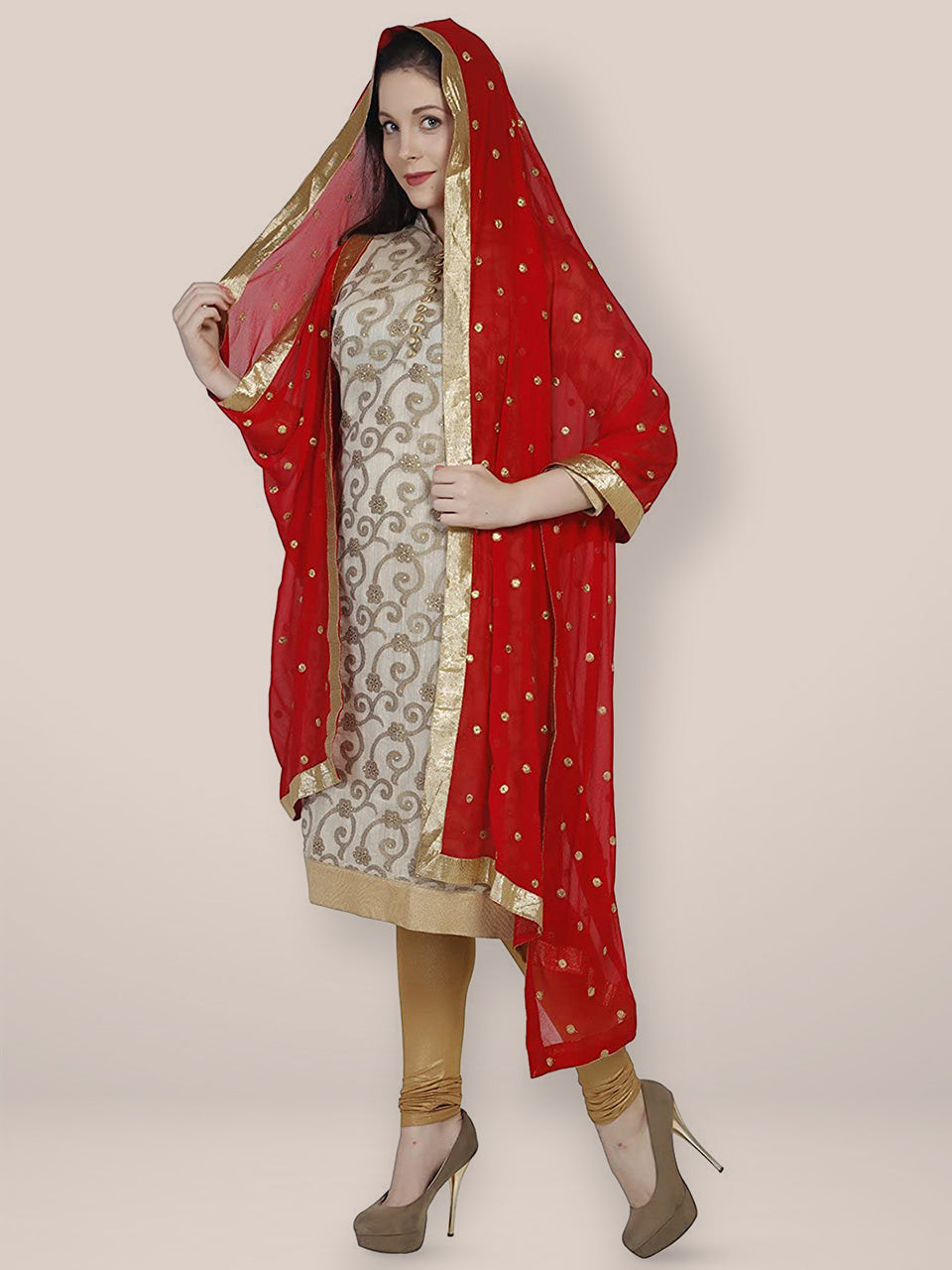 Red Embroidered Chiffon Dupatta freeshipping - Dupatta Bazaar