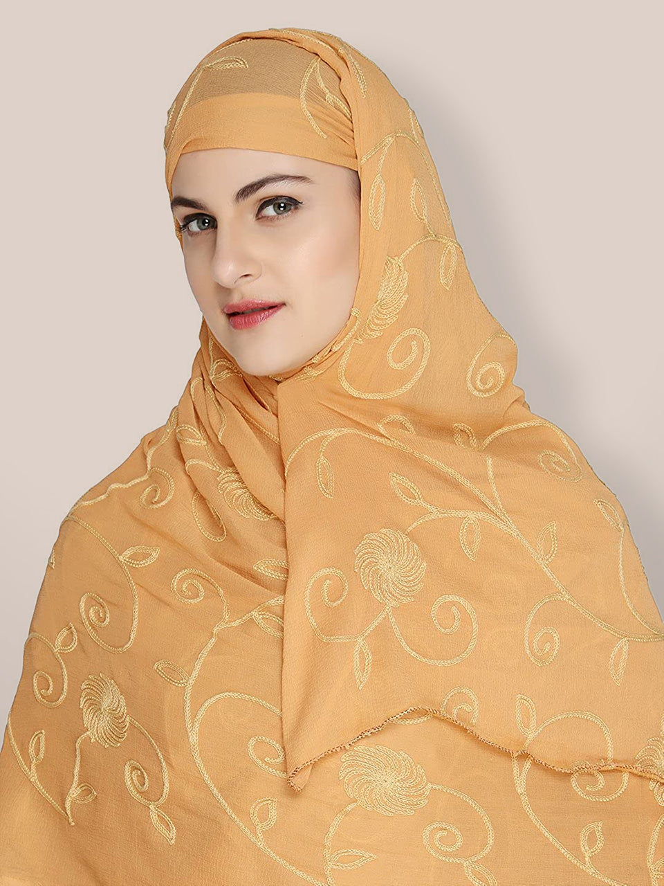 Beige Embrodiered Chiffon dupatta freeshipping - Dupatta Bazaar