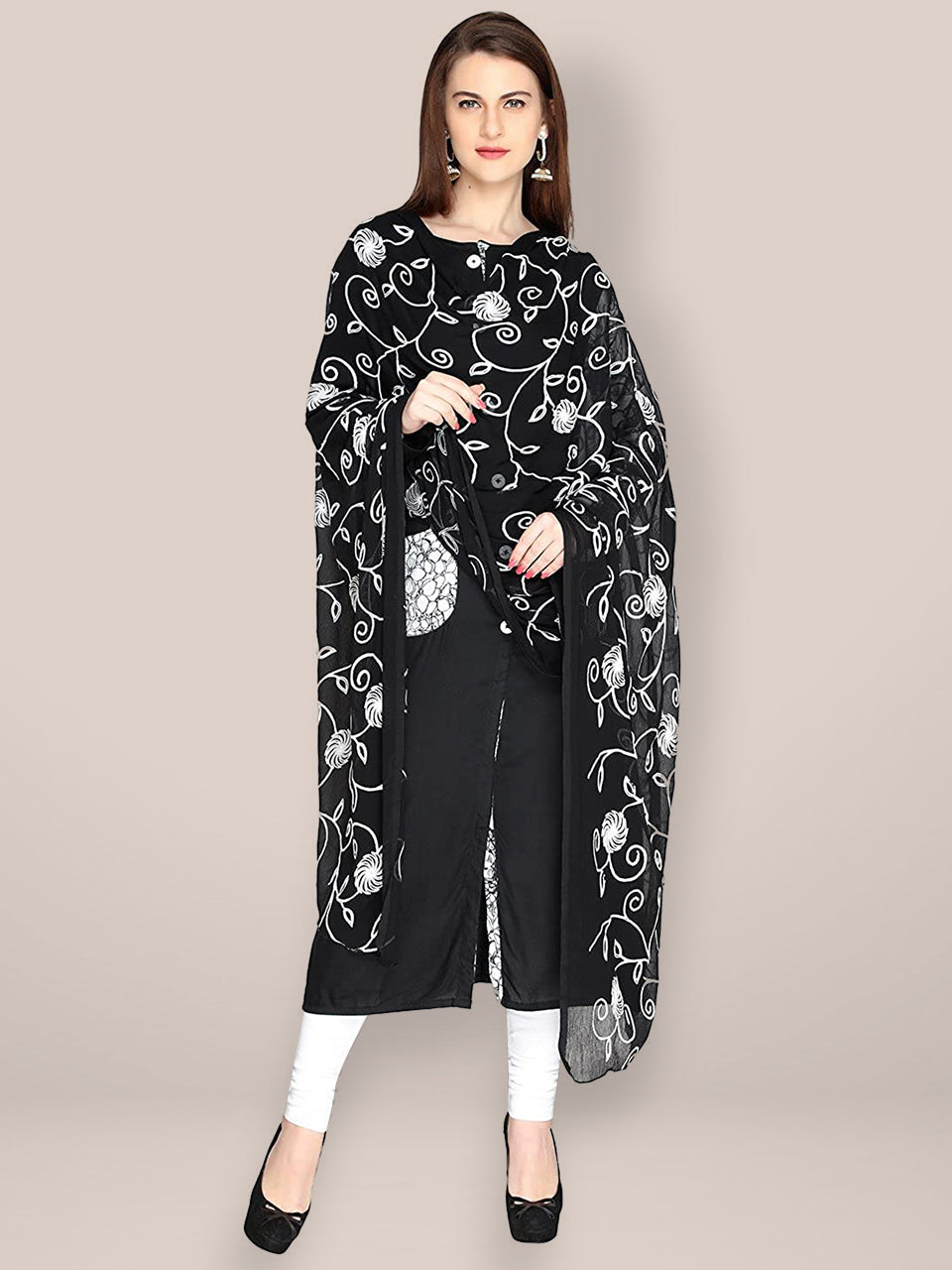 Chiffon Black & White Embrodiered  dupatta freeshipping - Dupatta Bazaar
