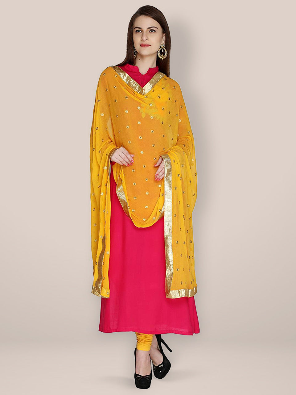 Mustard Chiffon Dupatta with Gold Embroidery freeshipping - Dupatta Bazaar