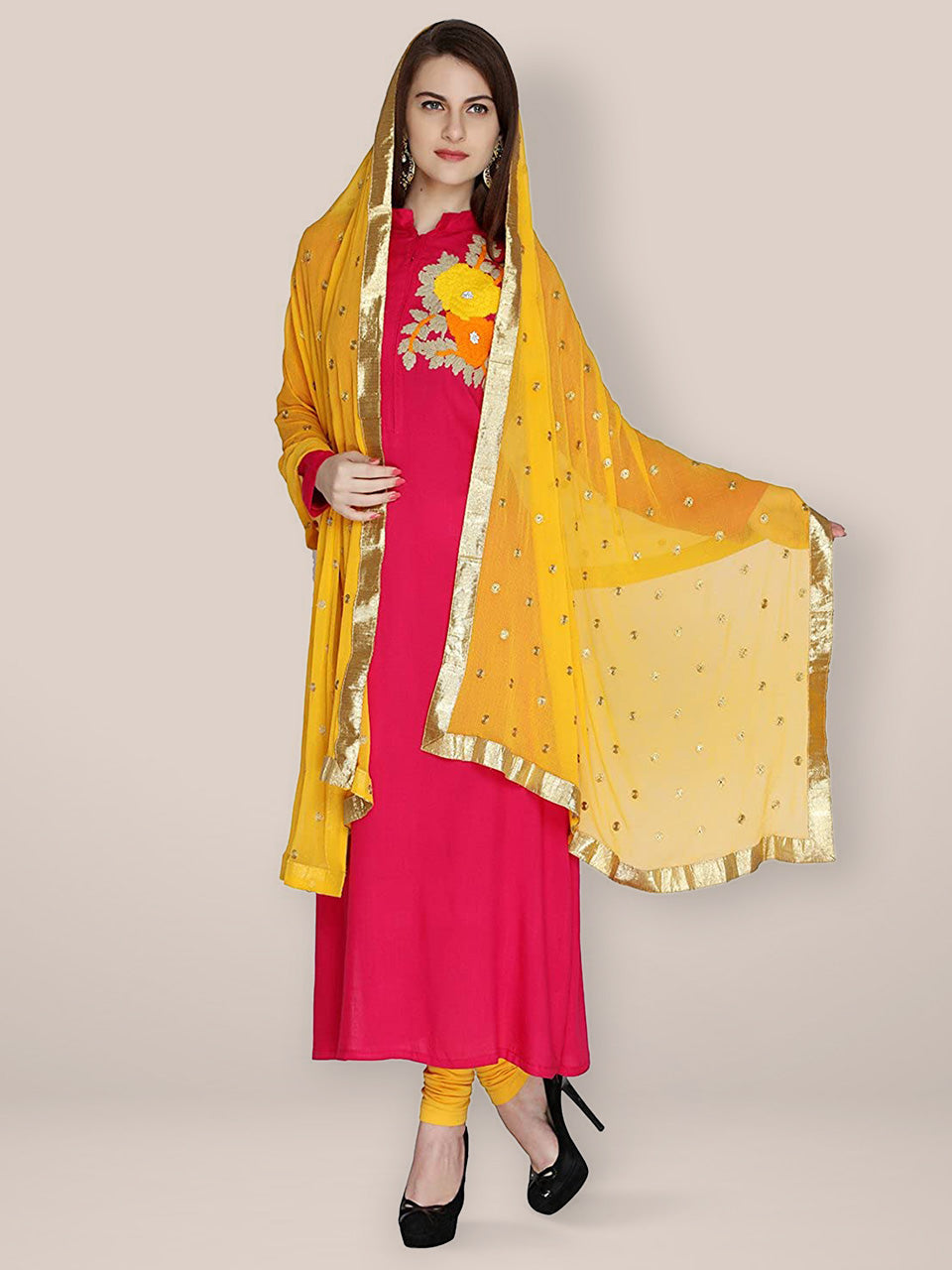 Mustard Chiffon Dupatta with Gold Embroidery freeshipping - Dupatta Bazaar