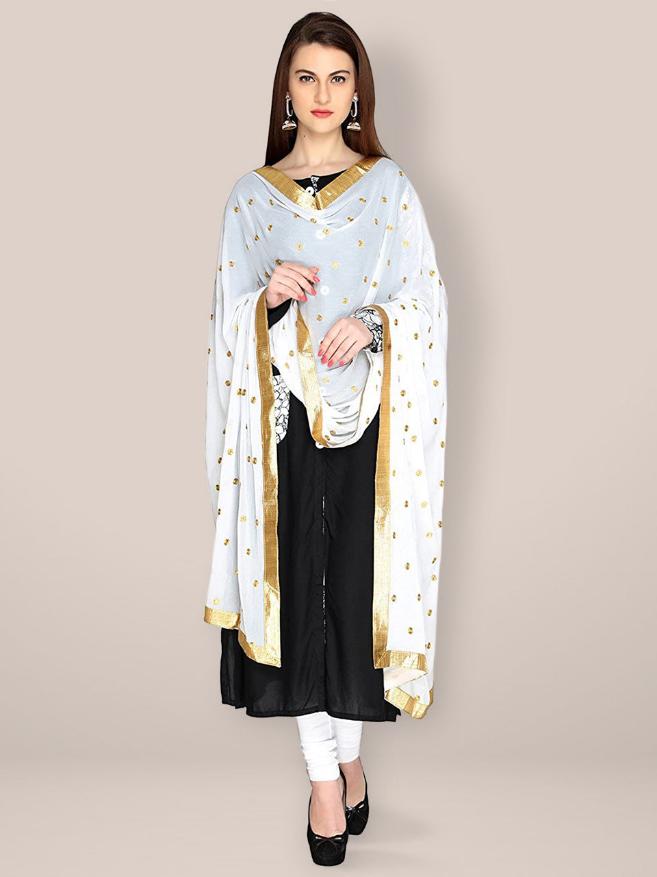 White Chiffon Dupatta with Gold Embroidery and Lace freeshipping - Dupatta Bazaar
