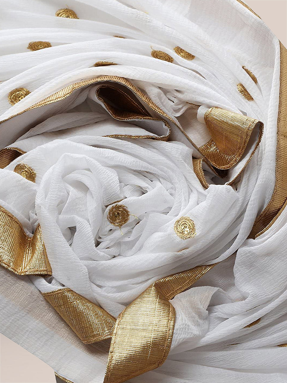 White Chiffon Dupatta with Gold Embroidery and Lace freeshipping - Dupatta Bazaar