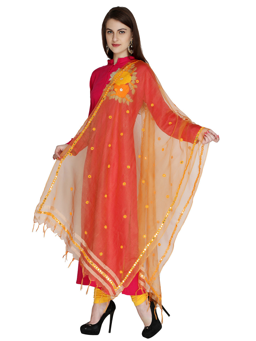 Orange Fancy Mirror Work dupatta - Dupatta Bazaar
