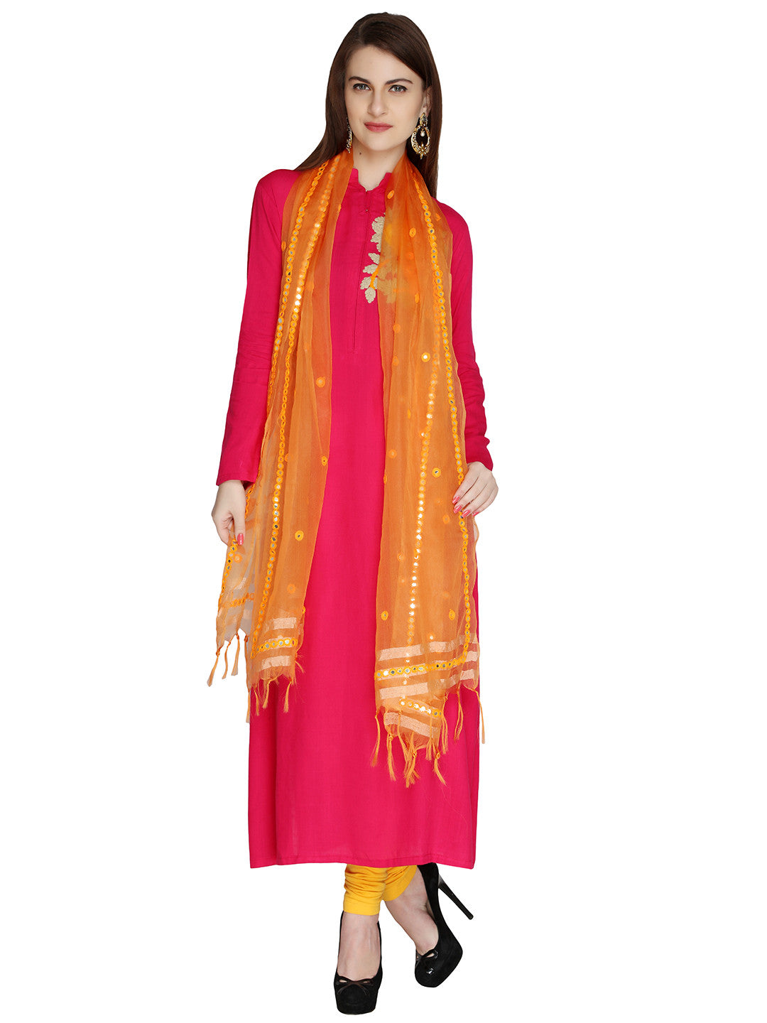 Orange Fancy Mirror Work dupatta - Dupatta Bazaar