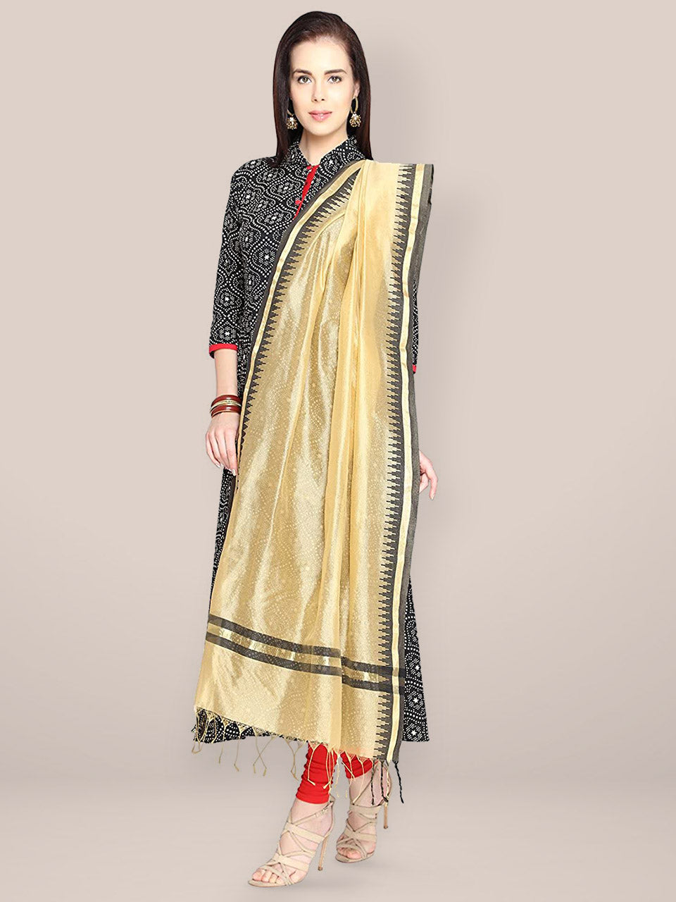 Cotton Gold & Black Silk Dupatta freeshipping - Dupatta Bazaar
