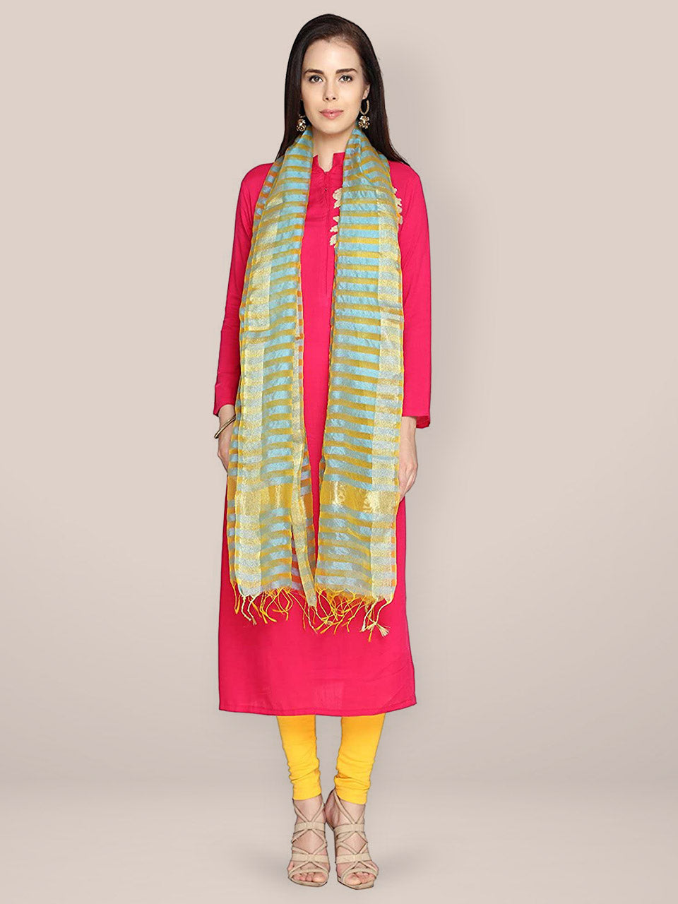 Blue Silk Striped Dupatta freeshipping - Dupatta Bazaar