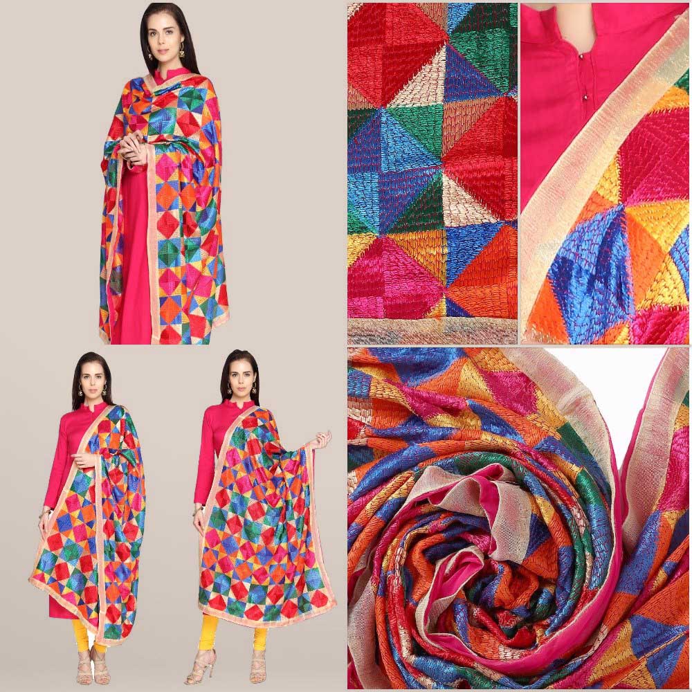 Multicolour Chiffon Phulkari  Dupatta freeshipping - Dupatta Bazaar