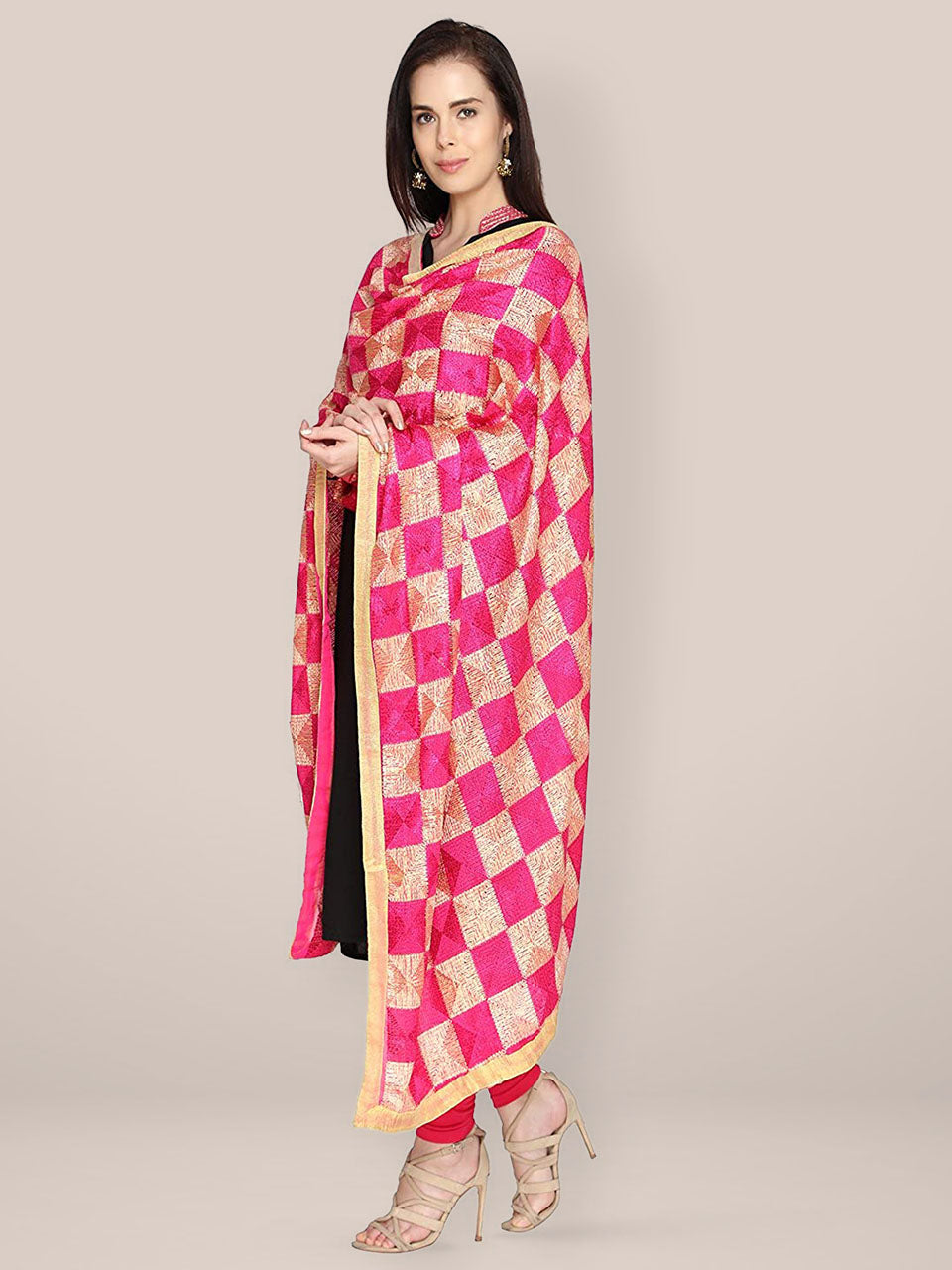 Pink  & Gold Chiffon Phulkari Dupatta freeshipping - Dupatta Bazaar