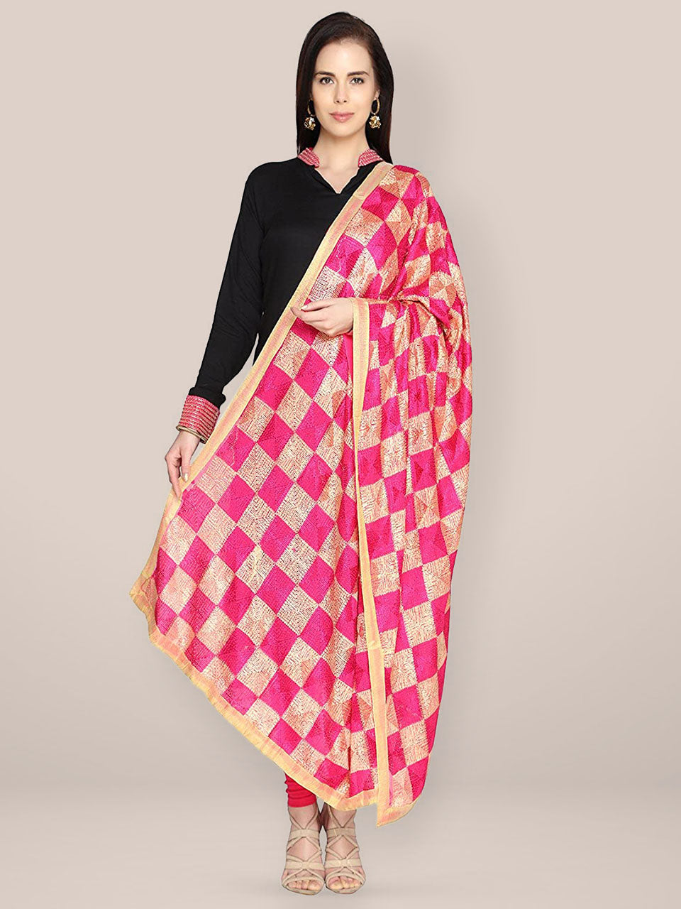 Pink  & Gold Chiffon Phulkari Dupatta freeshipping - Dupatta Bazaar