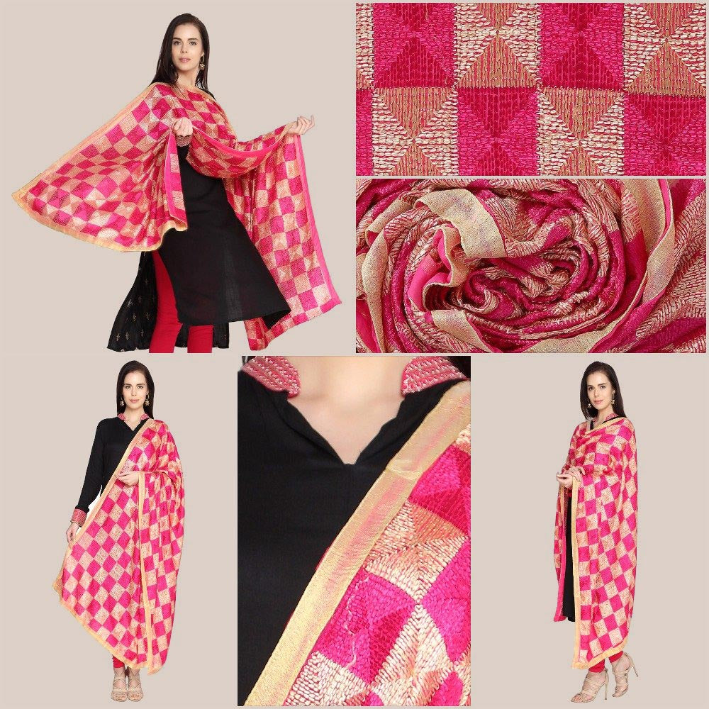 Pink  & Gold Chiffon Phulkari Dupatta freeshipping - Dupatta Bazaar