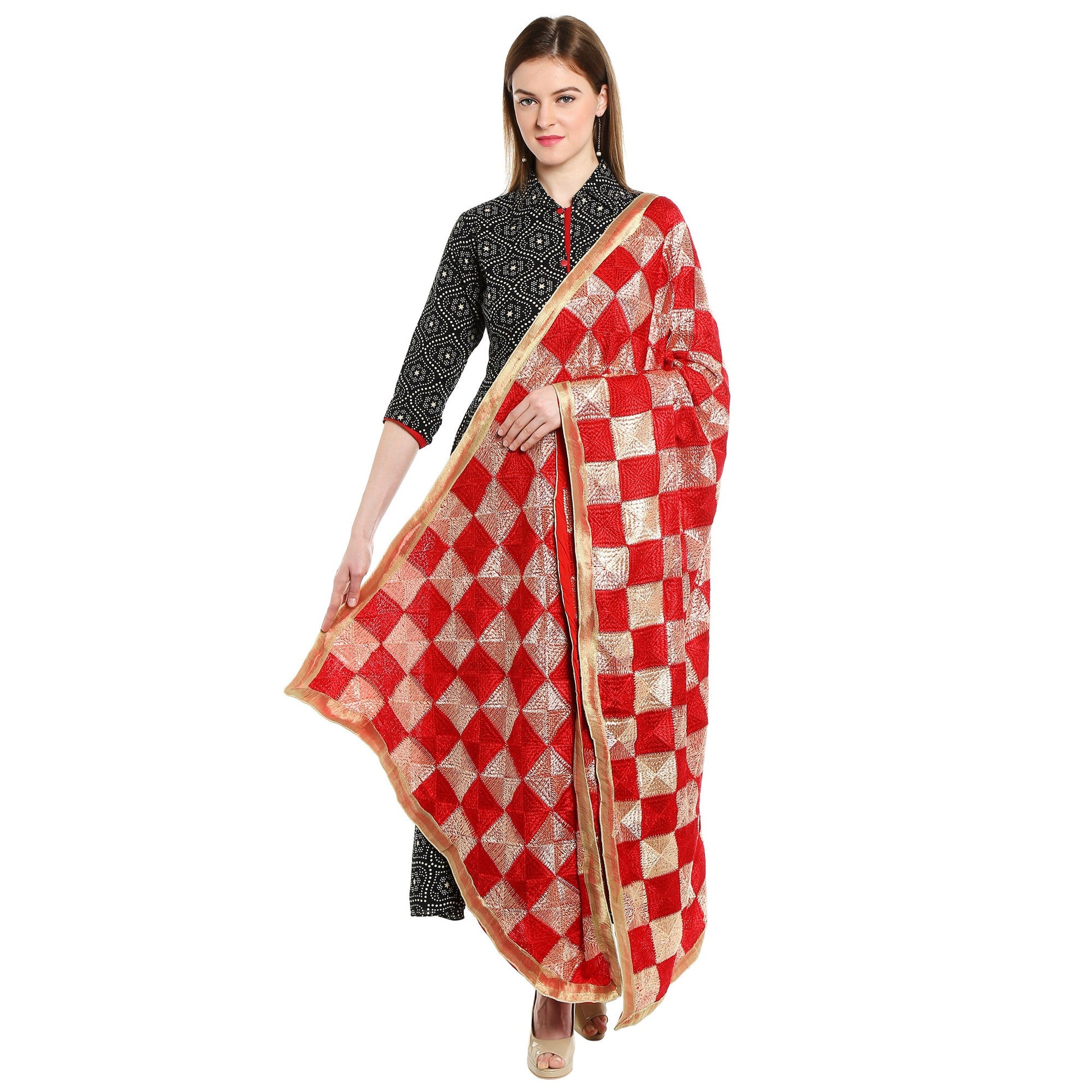 Red & Beige Rich Phulkari Dupatta - Dupatta Bazaar