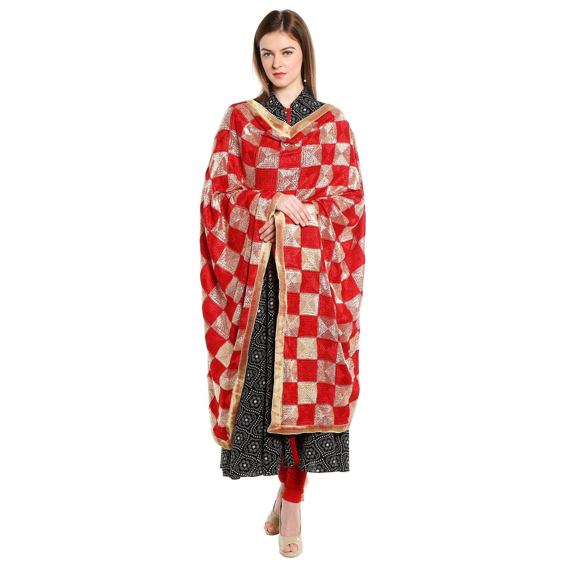 Red & Beige Rich Phulkari Dupatta - Dupatta Bazaar