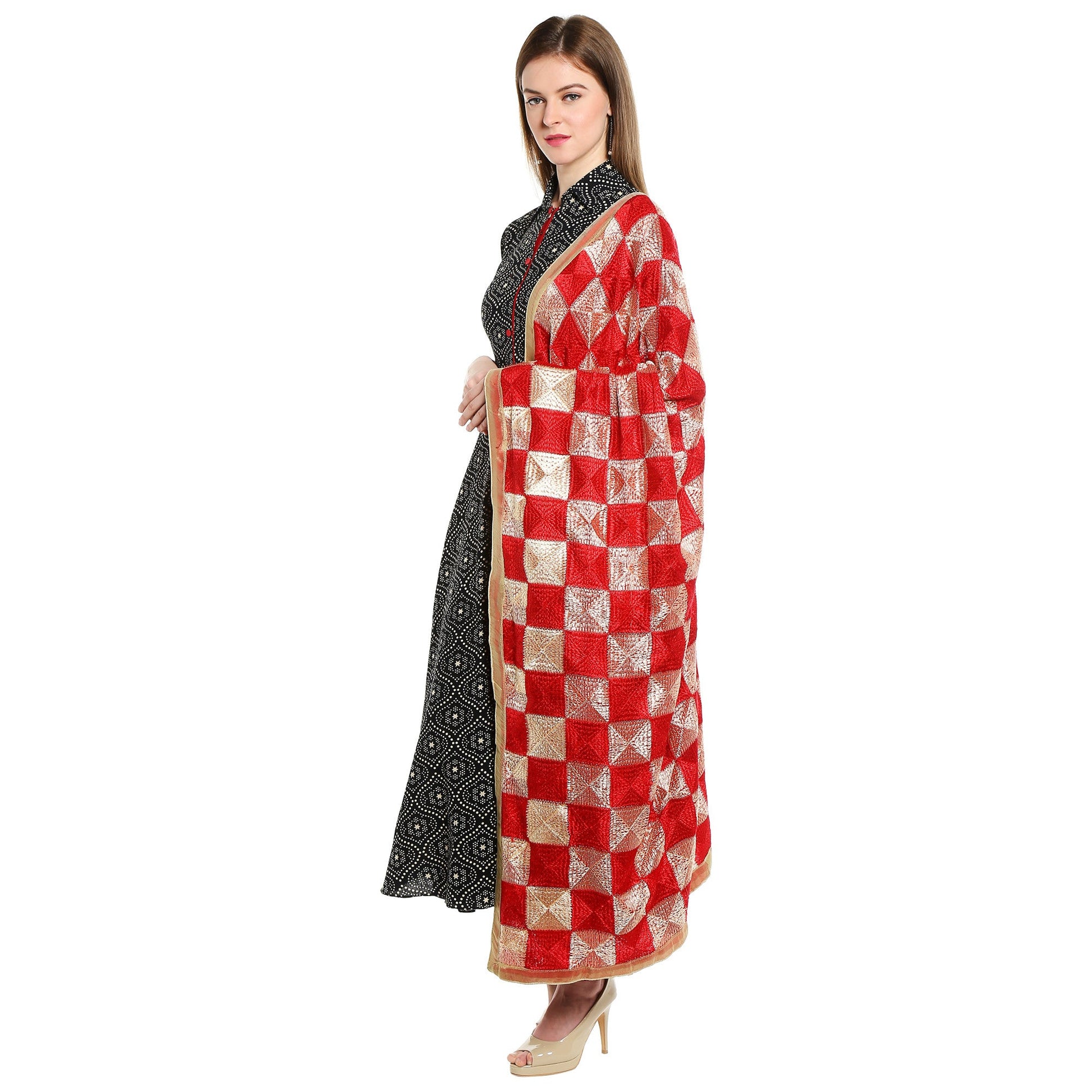 Red & Beige Rich Phulkari Dupatta - Dupatta Bazaar