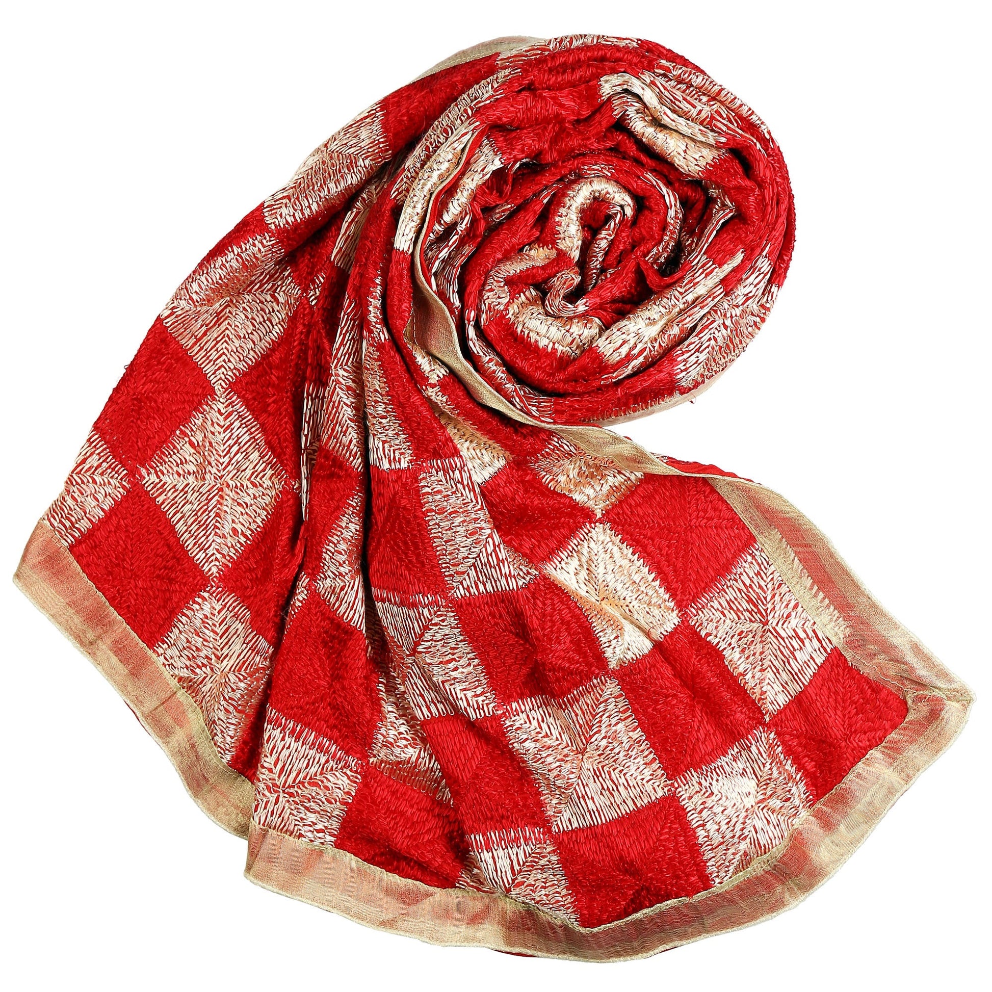 Red & Beige Rich Phulkari Dupatta - Dupatta Bazaar