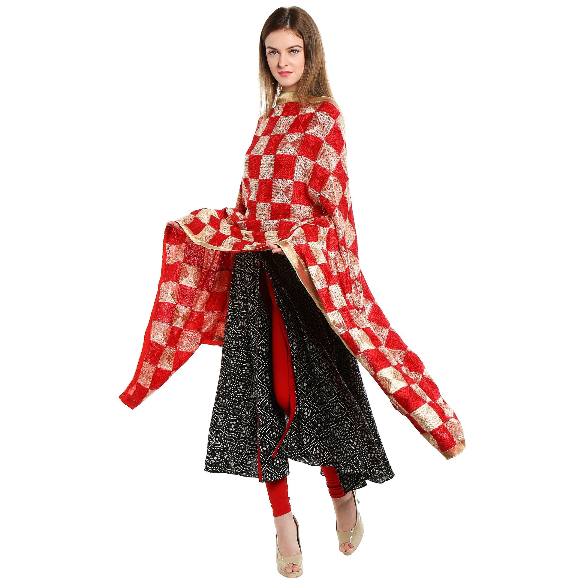 Red & Beige Rich Phulkari Dupatta - Dupatta Bazaar