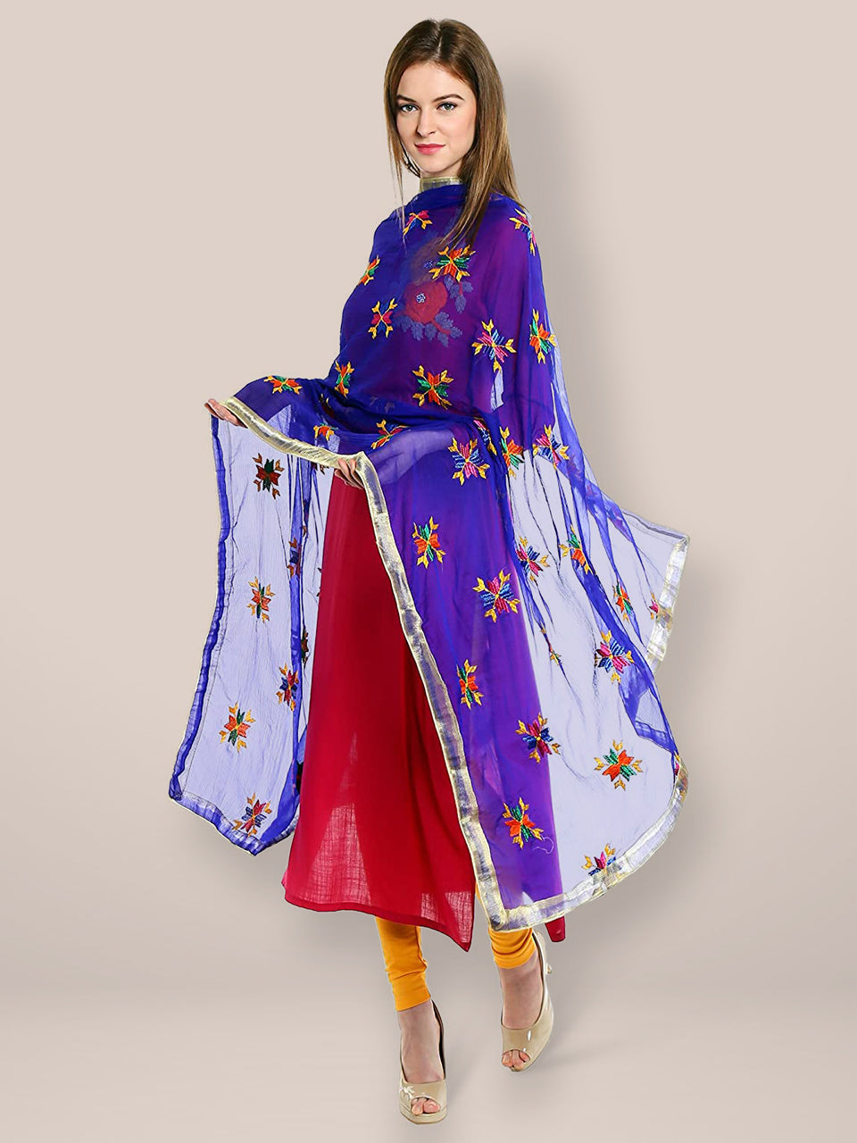 Phulkari Chiffon Dupatta With Multicolour Embroidery freeshipping - Dupatta Bazaar