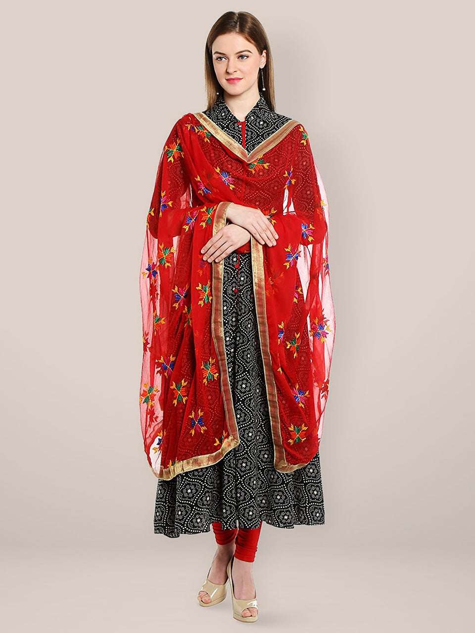 Red Phulkari Chiffon Dupatta freeshipping - Dupatta Bazaar