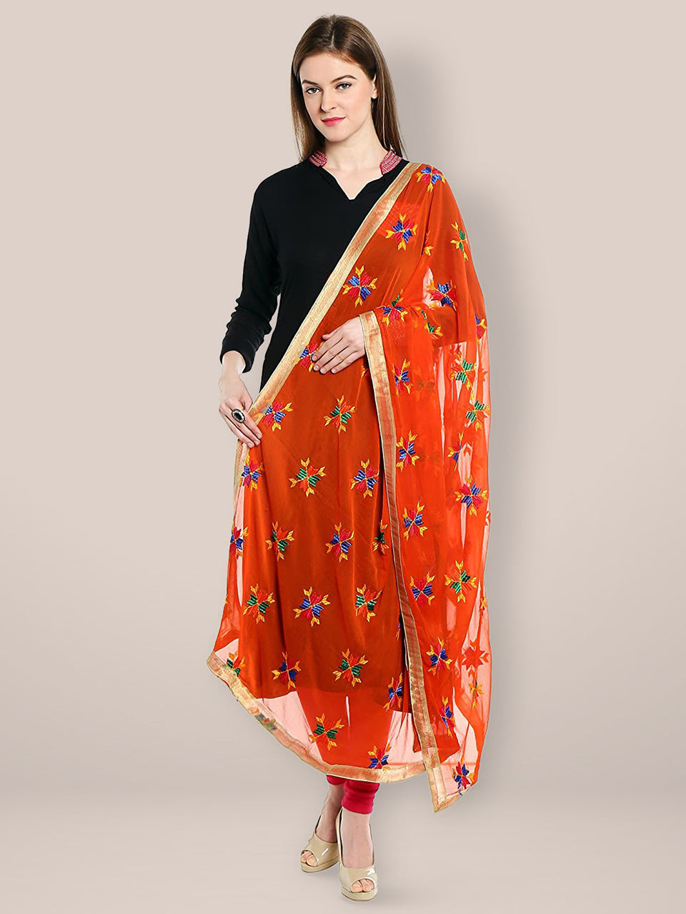 Orange Phulkari Chiffon Dupatta freeshipping - Dupatta Bazaar