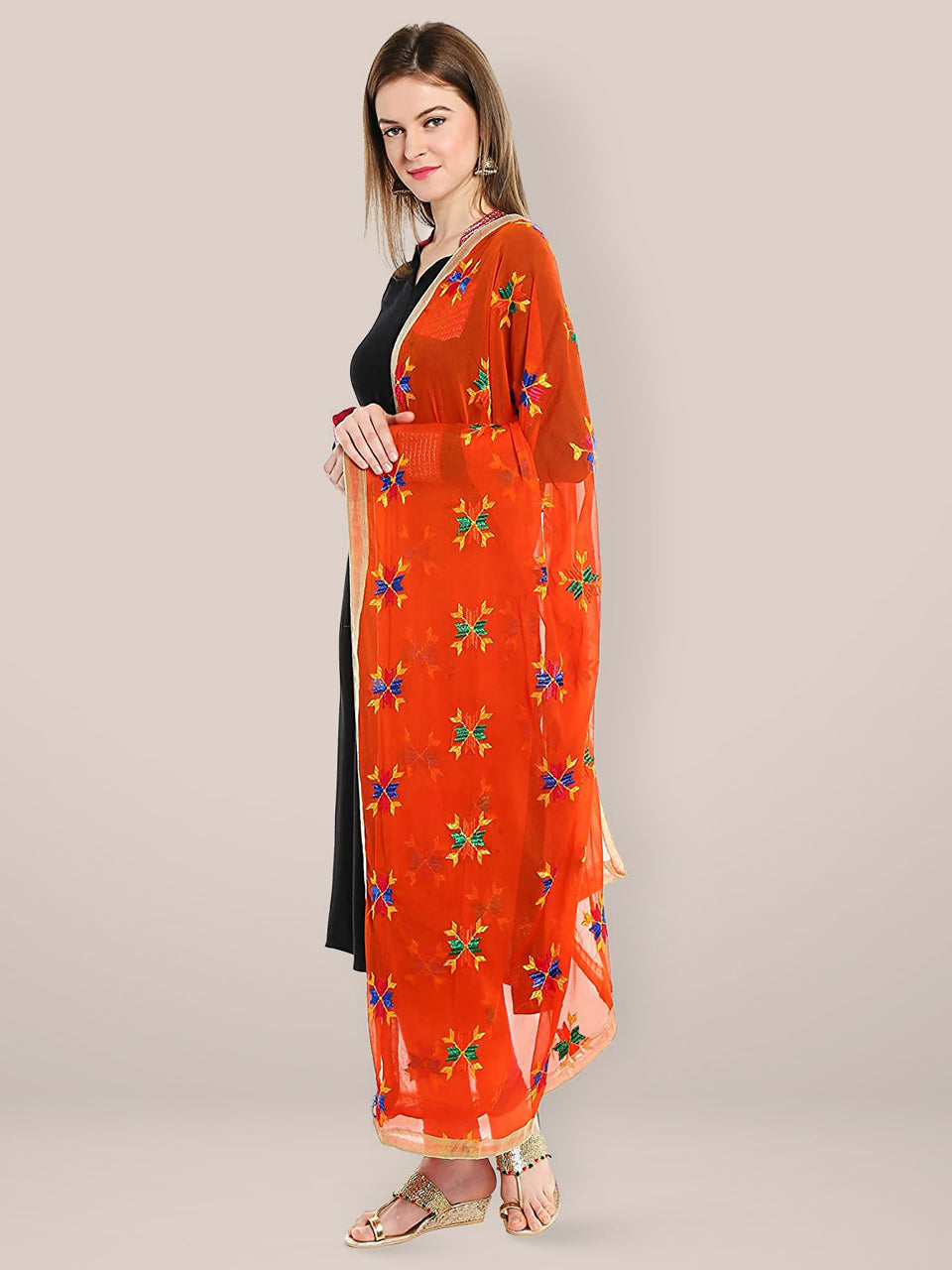 Orange Phulkari Chiffon Dupatta freeshipping - Dupatta Bazaar