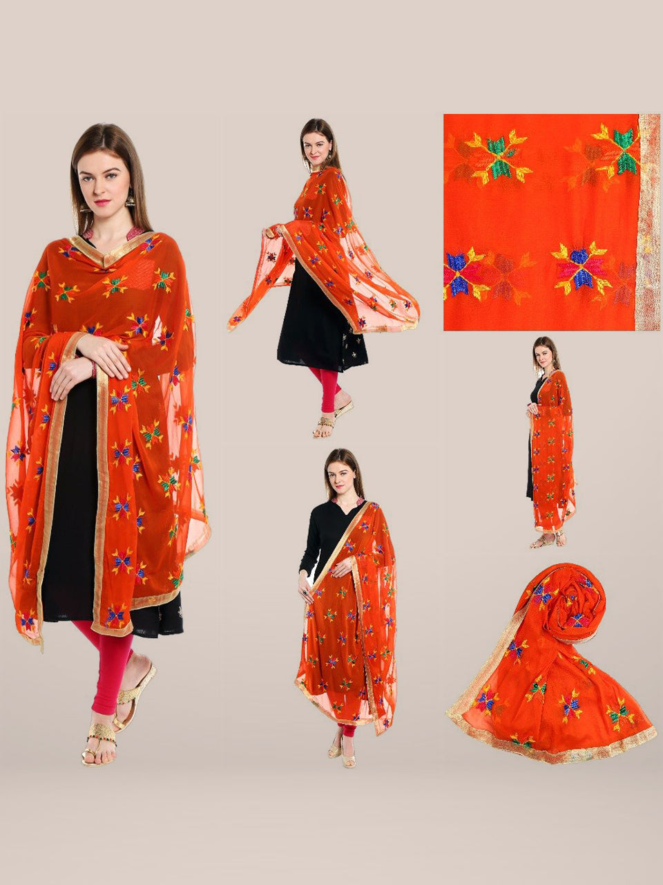 Orange Phulkari Chiffon Dupatta freeshipping - Dupatta Bazaar