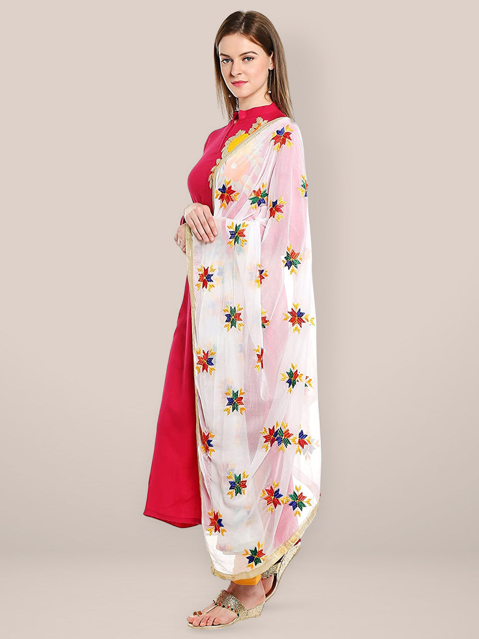 White Phulkari Chiffon Dupatta freeshipping - Dupatta Bazaar