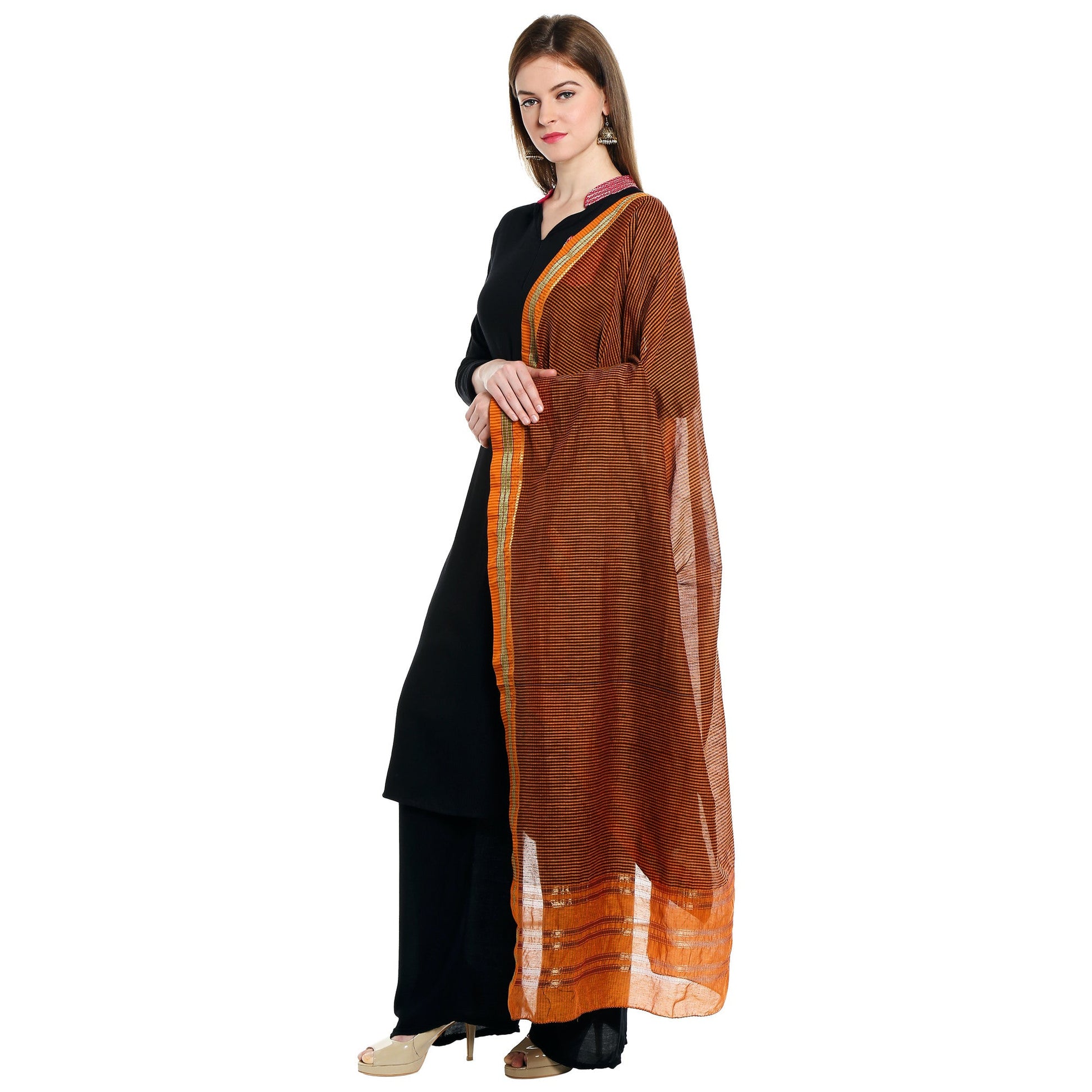 Dupatta Bazaar Woman's Orange Cotton Handloom Dupatta/Hijab - Dupatta Bazaar