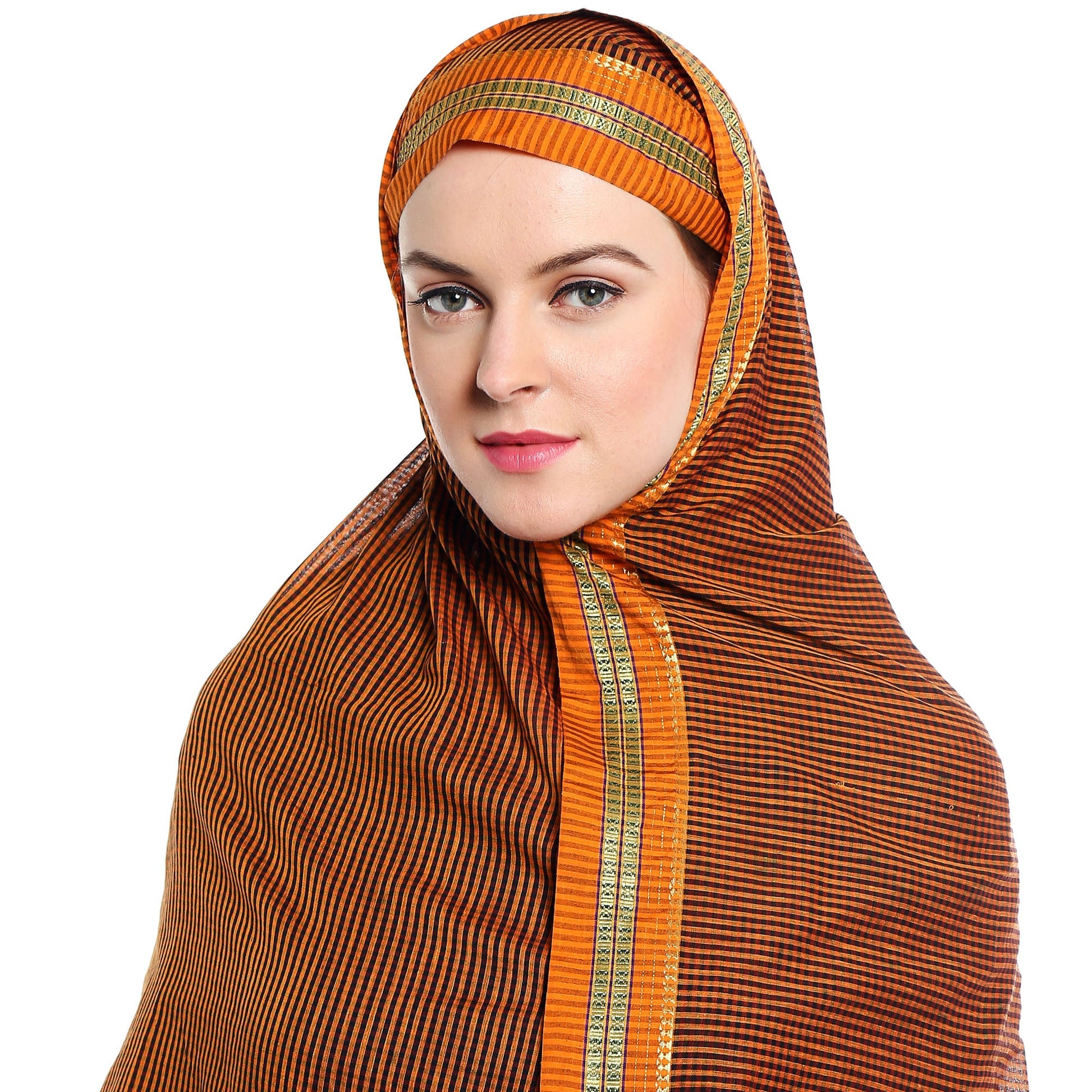 Dupatta Bazaar Woman's Orange Cotton Handloom Dupatta/Hijab - Dupatta Bazaar